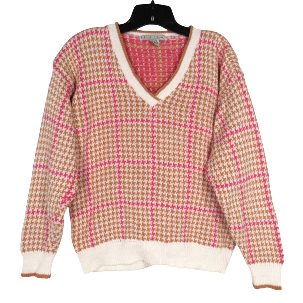 VTG IZOD CLUB Brown/Pink HOUNDSTOOTH Ribbed Trim V-NECK Women's KNIT SWEATER  M